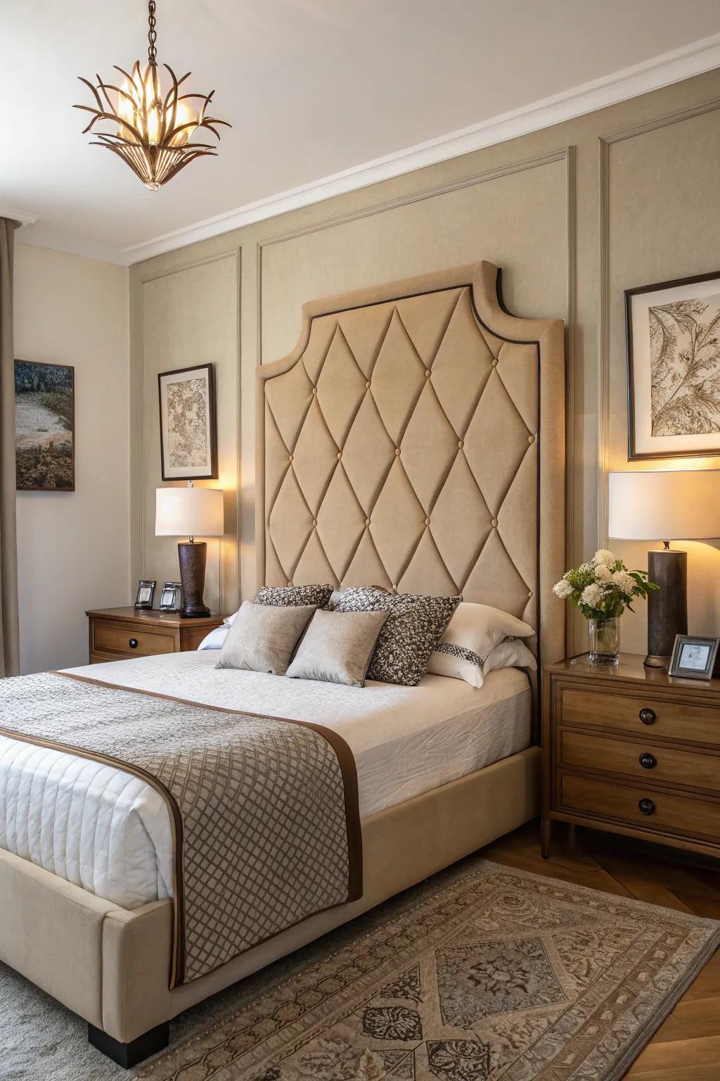 A unique headboard design elevates the beige bedroom’s style.