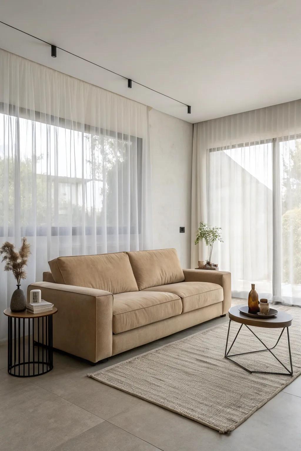 A minimalist approach highlights the elegance of a beige sofa.