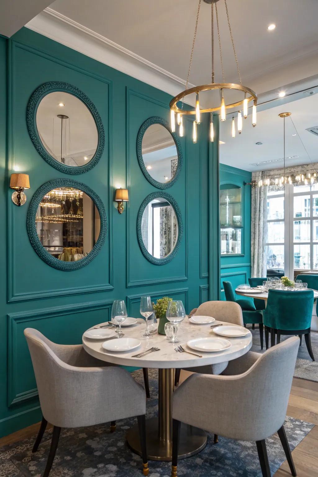 Mirrors on a teal wall enhance light and space