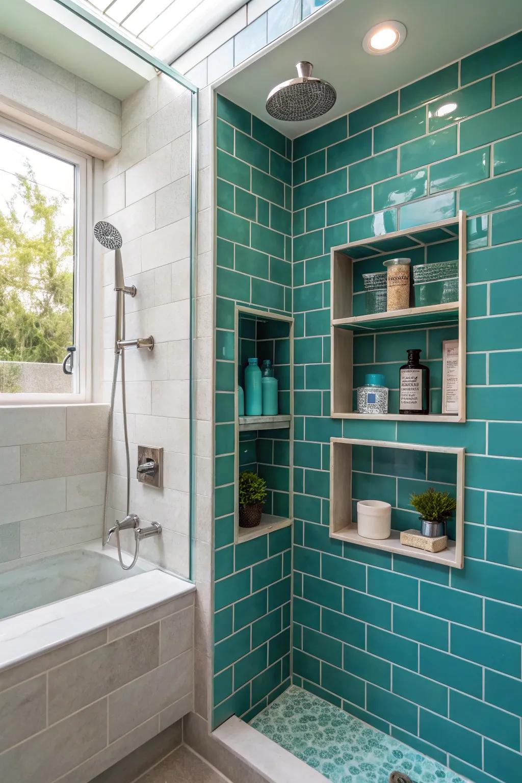 Turquoise tile spaces add useful storage and style to your shower.