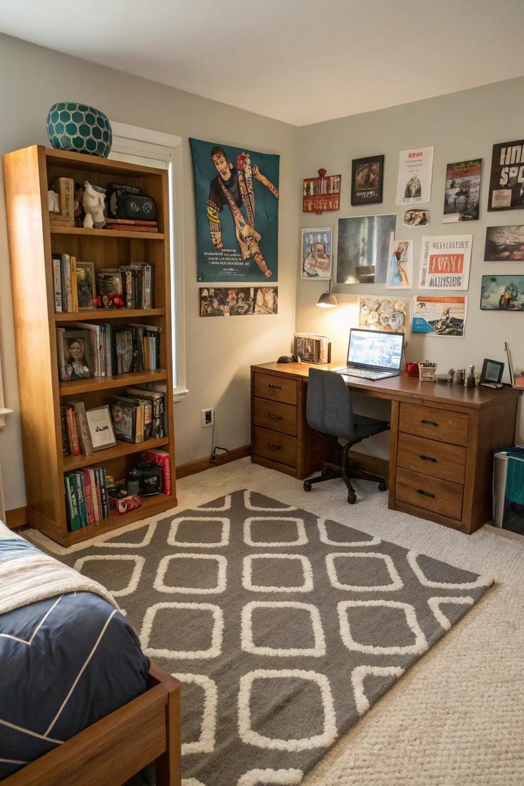 A textured rug adds warmth and style to this teen boy's room.