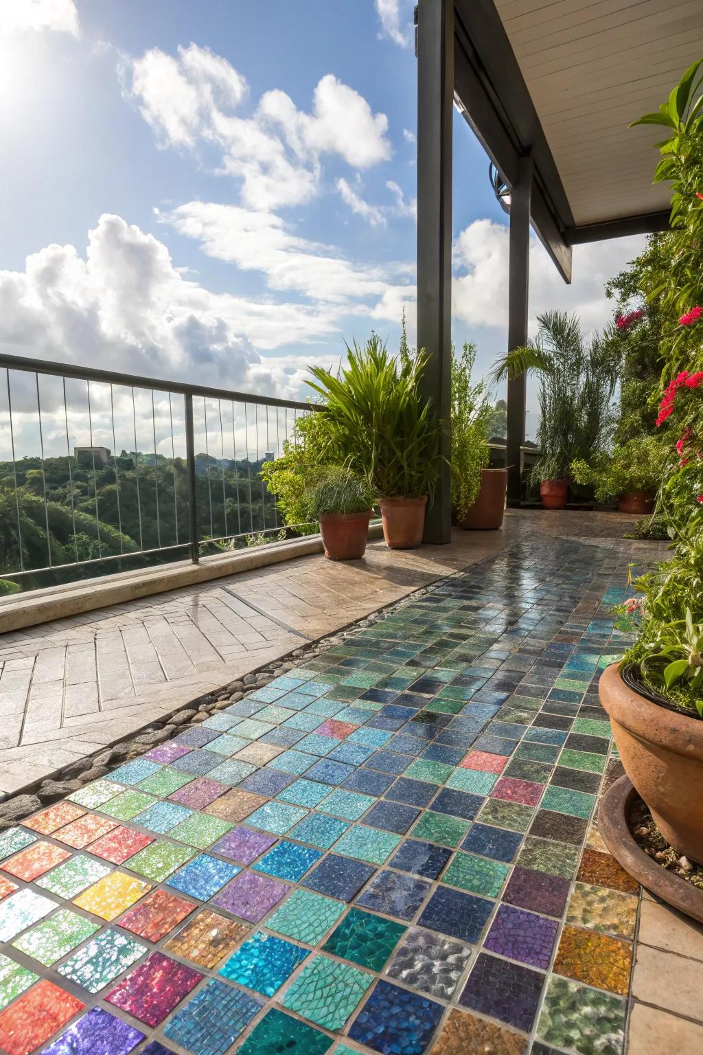 Glass tiles offer a terrace flooring option.