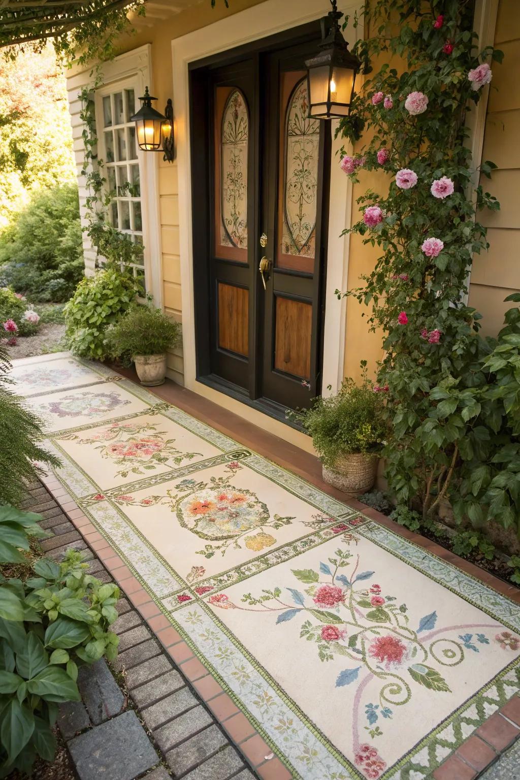 Invite guests into a garden path using floral tile designs.