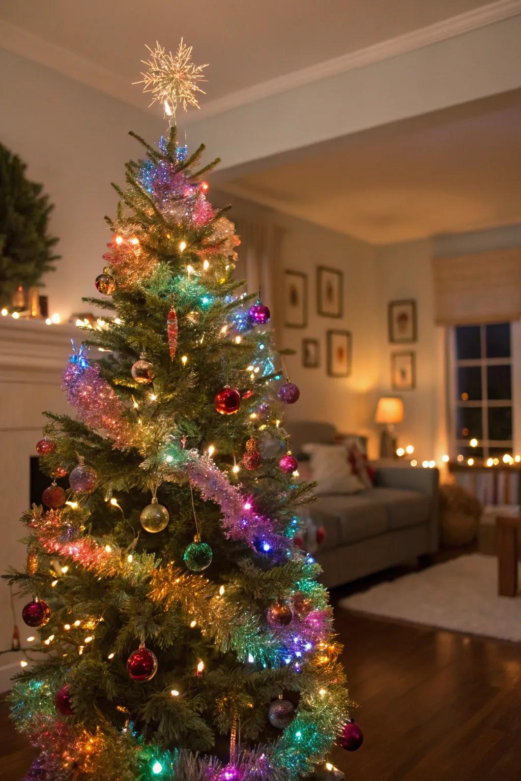 A subtly shimmering home decor scene with an rainbow festive strands Christmas tree.