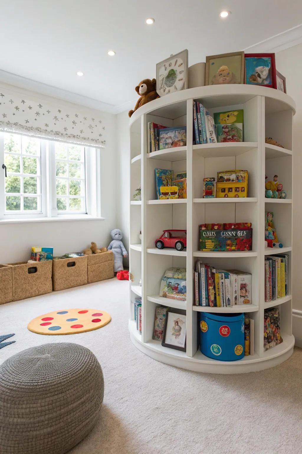 A rotating toy library keeps the playroom fresh and clutter-free.