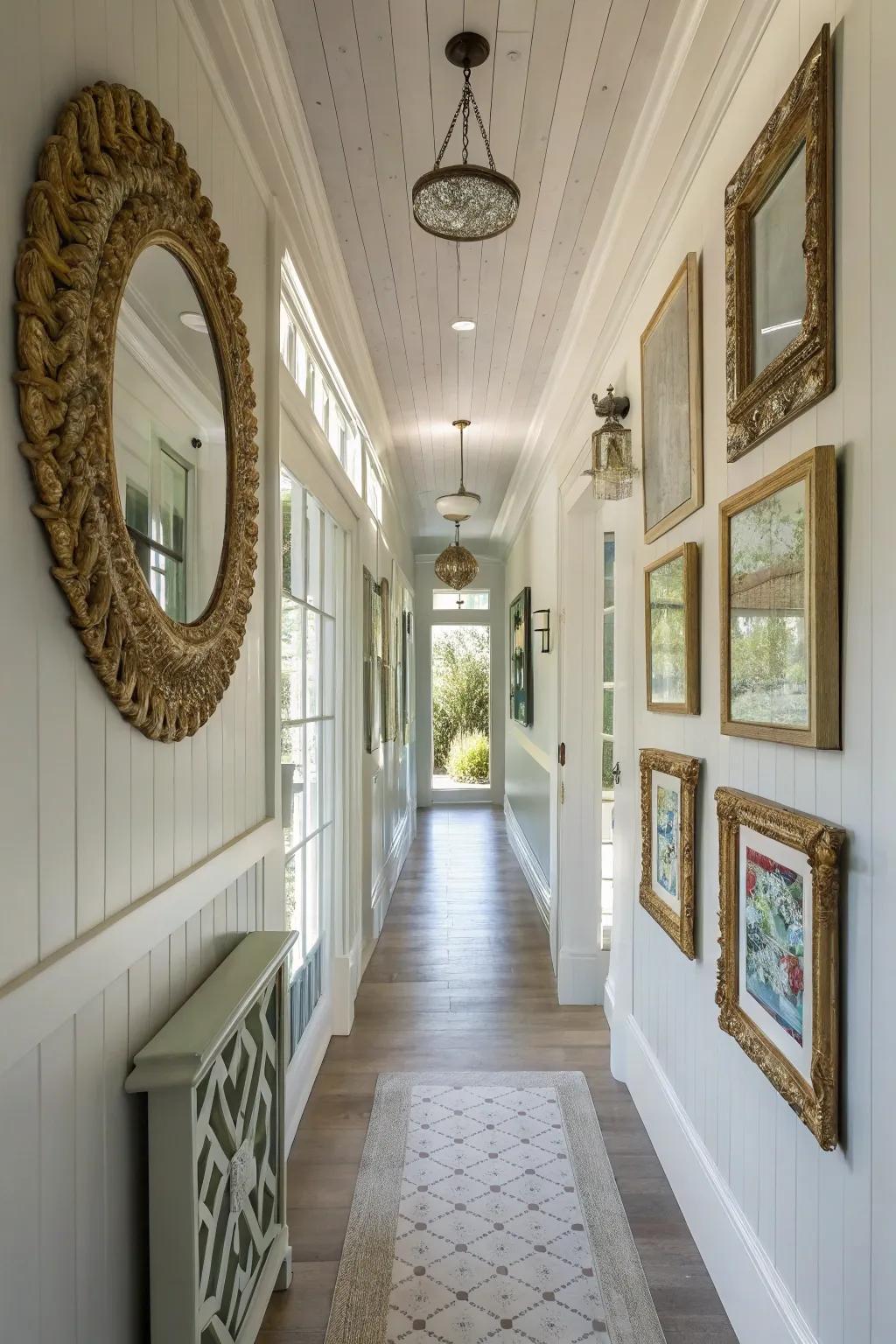 Tongue and groove walls make this hallway feel inviting.