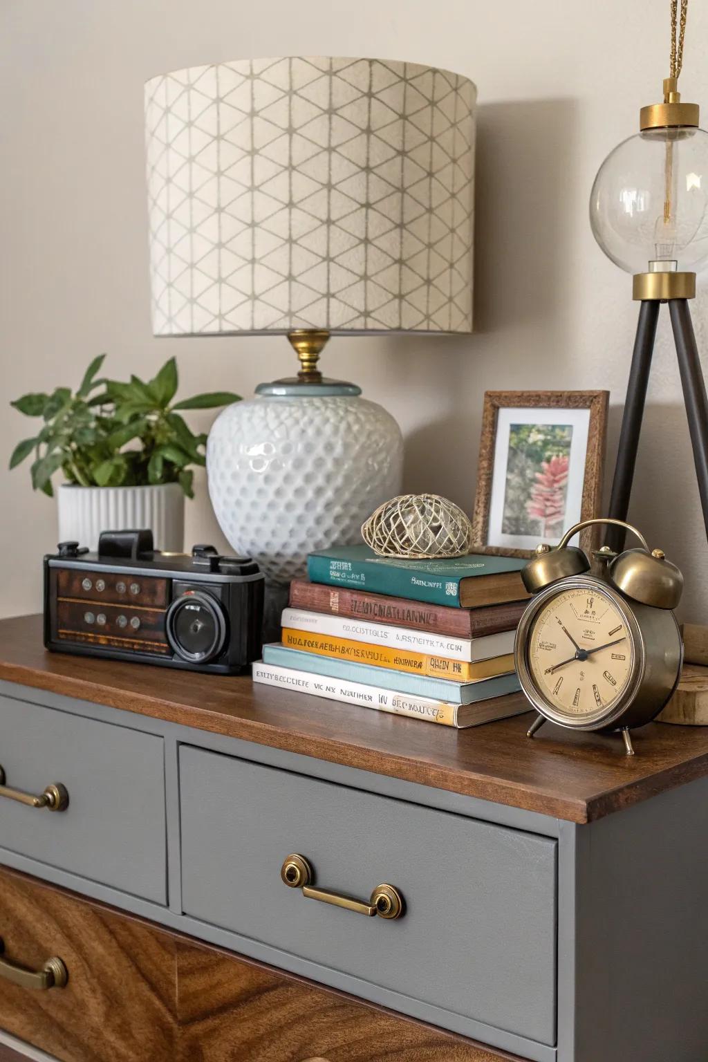 A varied mix of décor elements adds a personal touch to a dresser.