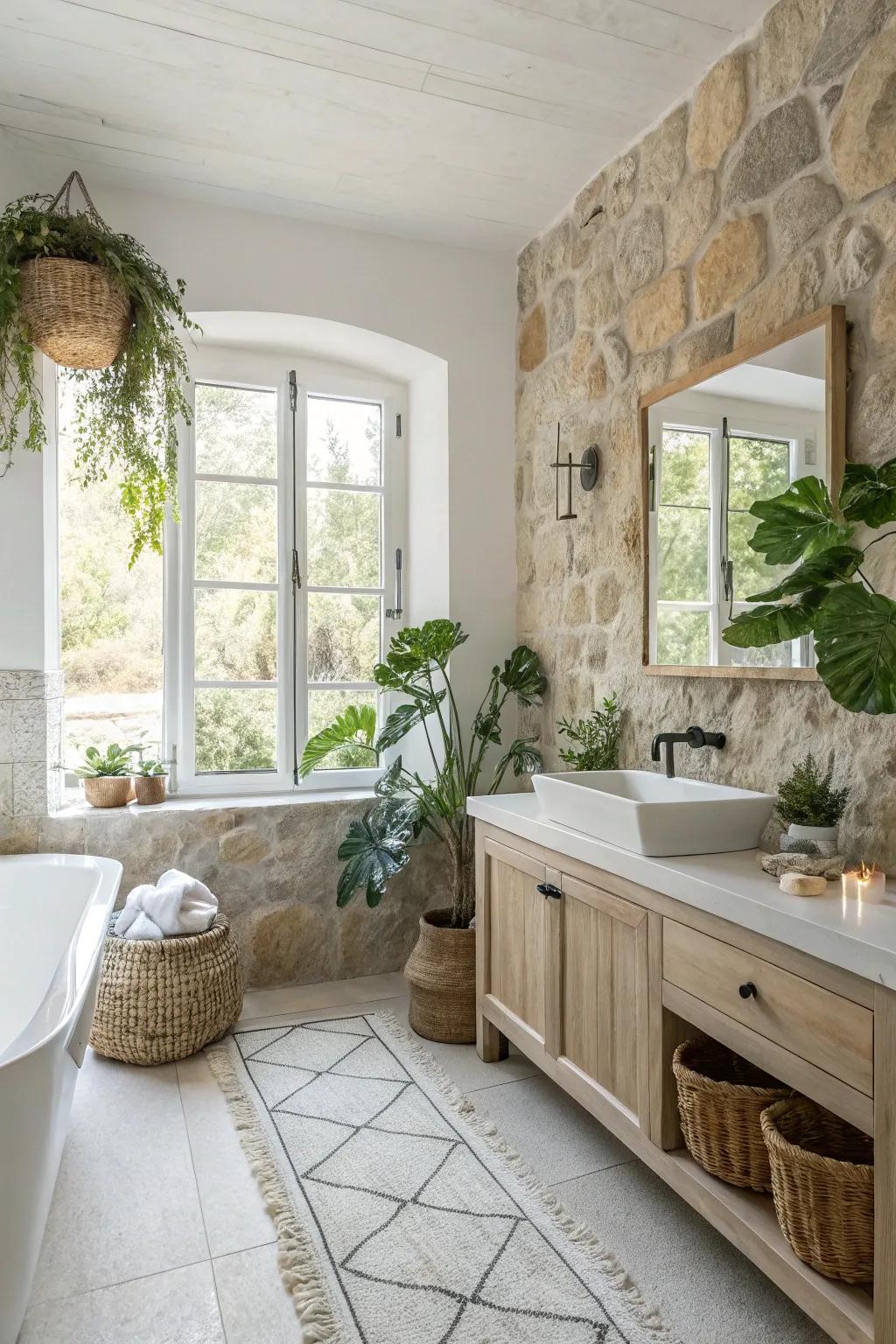 A white bathroom featuring natural stone details that add an organic touch.