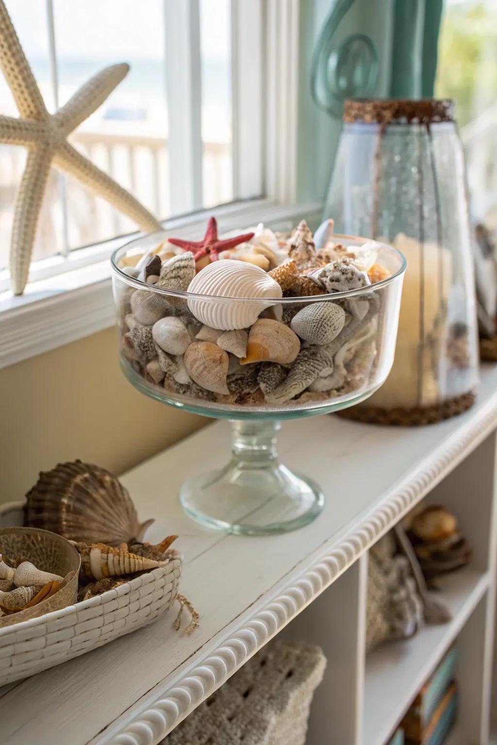 A trifle bowl showcasing an elegant collection of seashells.