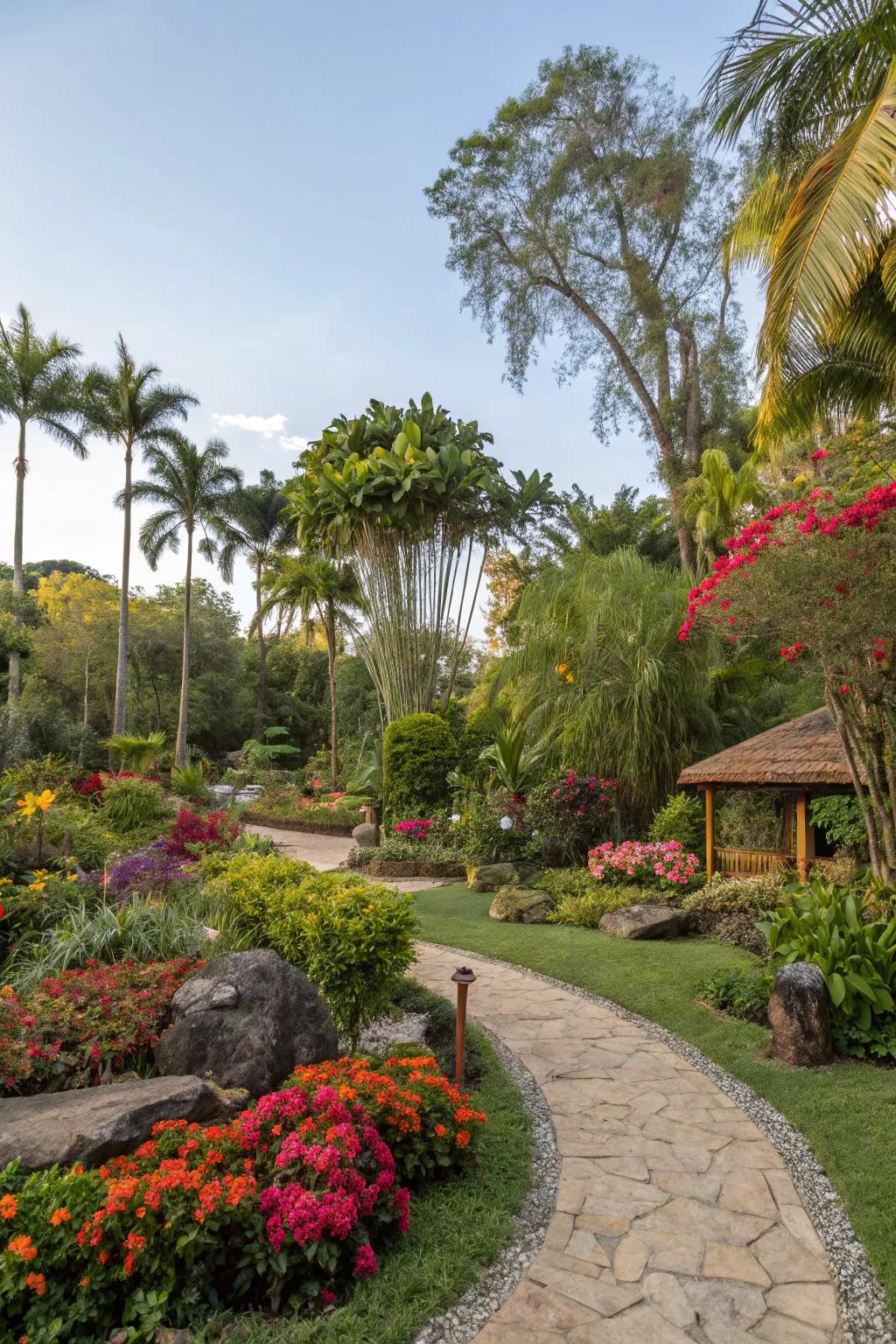Themed segments providing diversity and interest in the tropic outdoor space.
