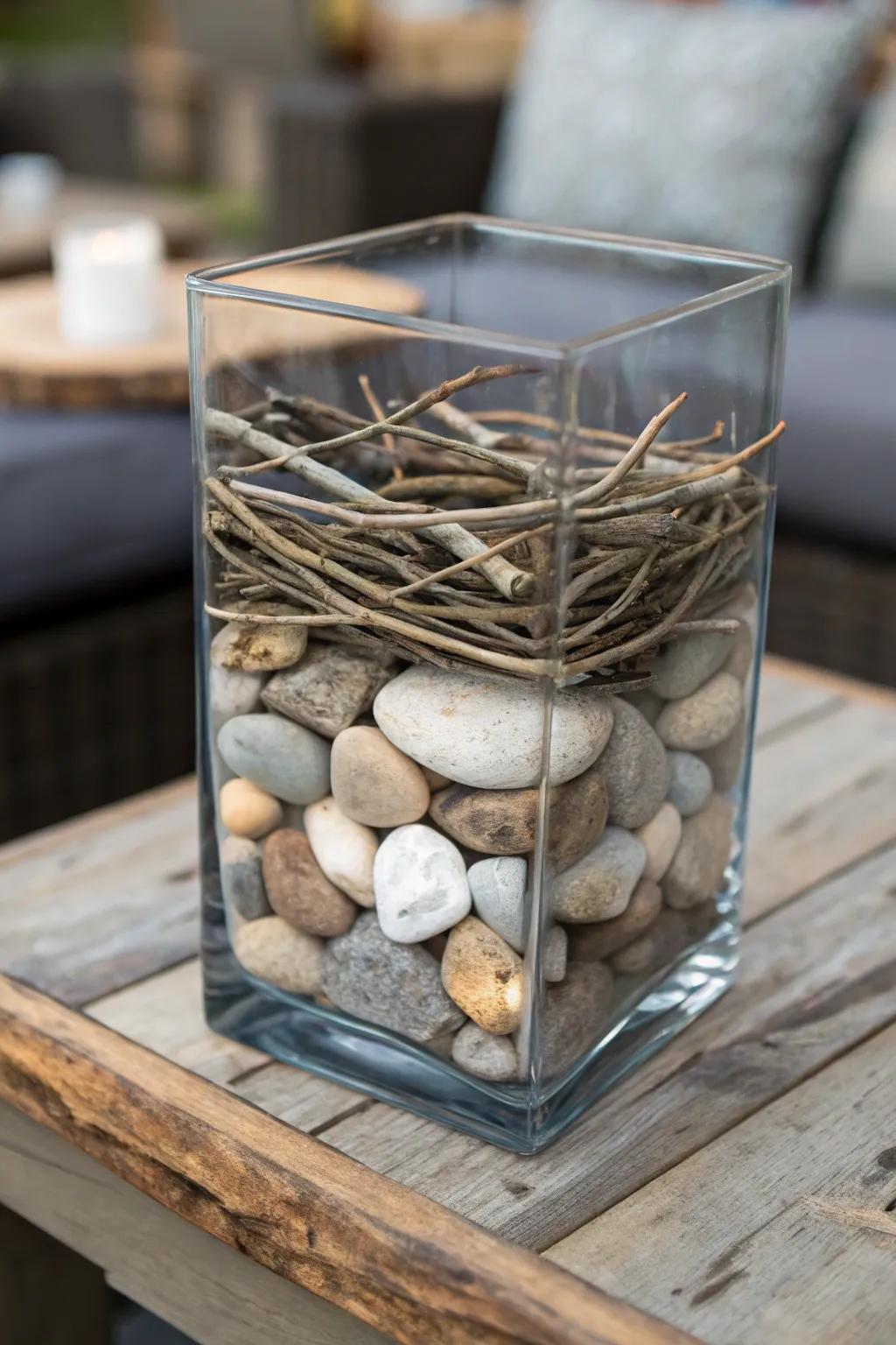 A layered and textured branch and stone centerpiece.