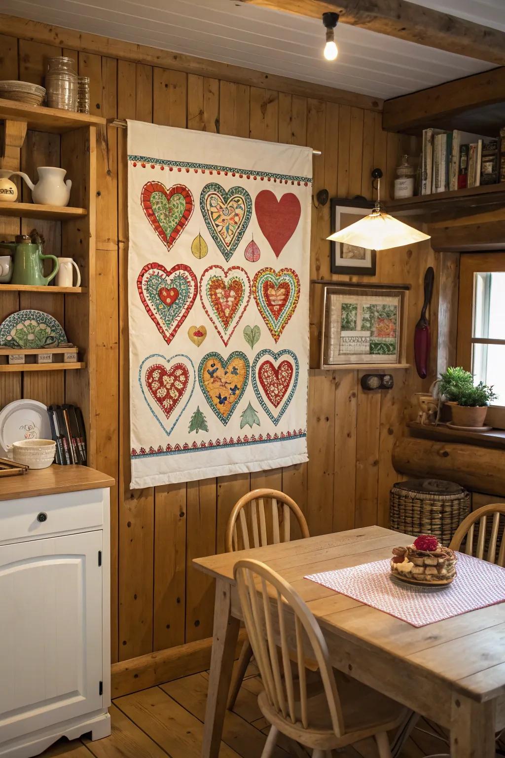 Folk themed heart paintings add coziness and tradition.
