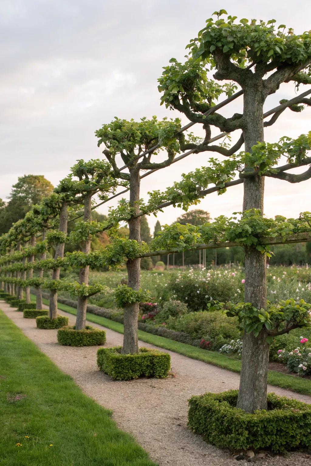 Espalier trees crafting an artistic living sculpture.
