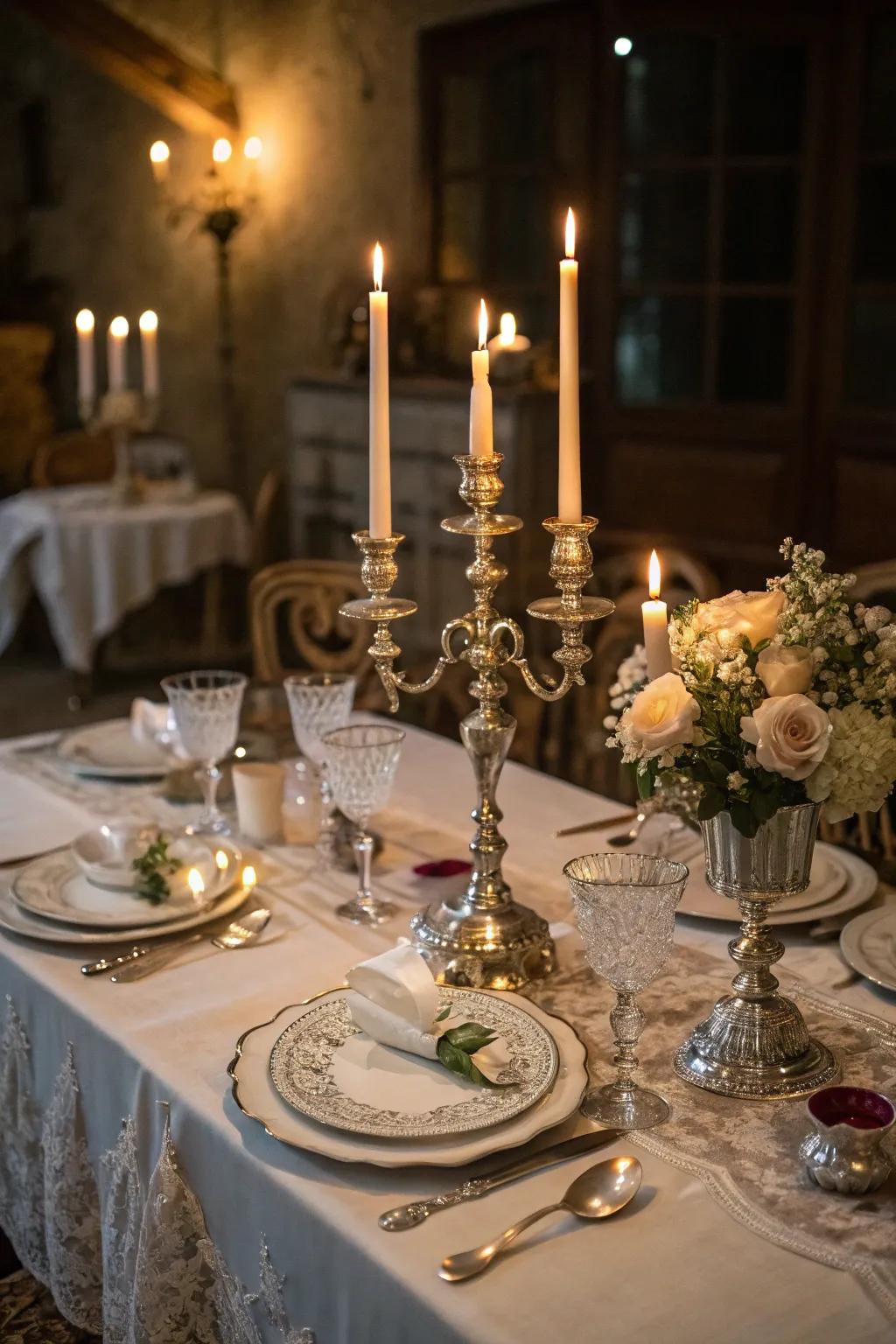 Candles and candelabras create a timeless glow at vintage gatherings.