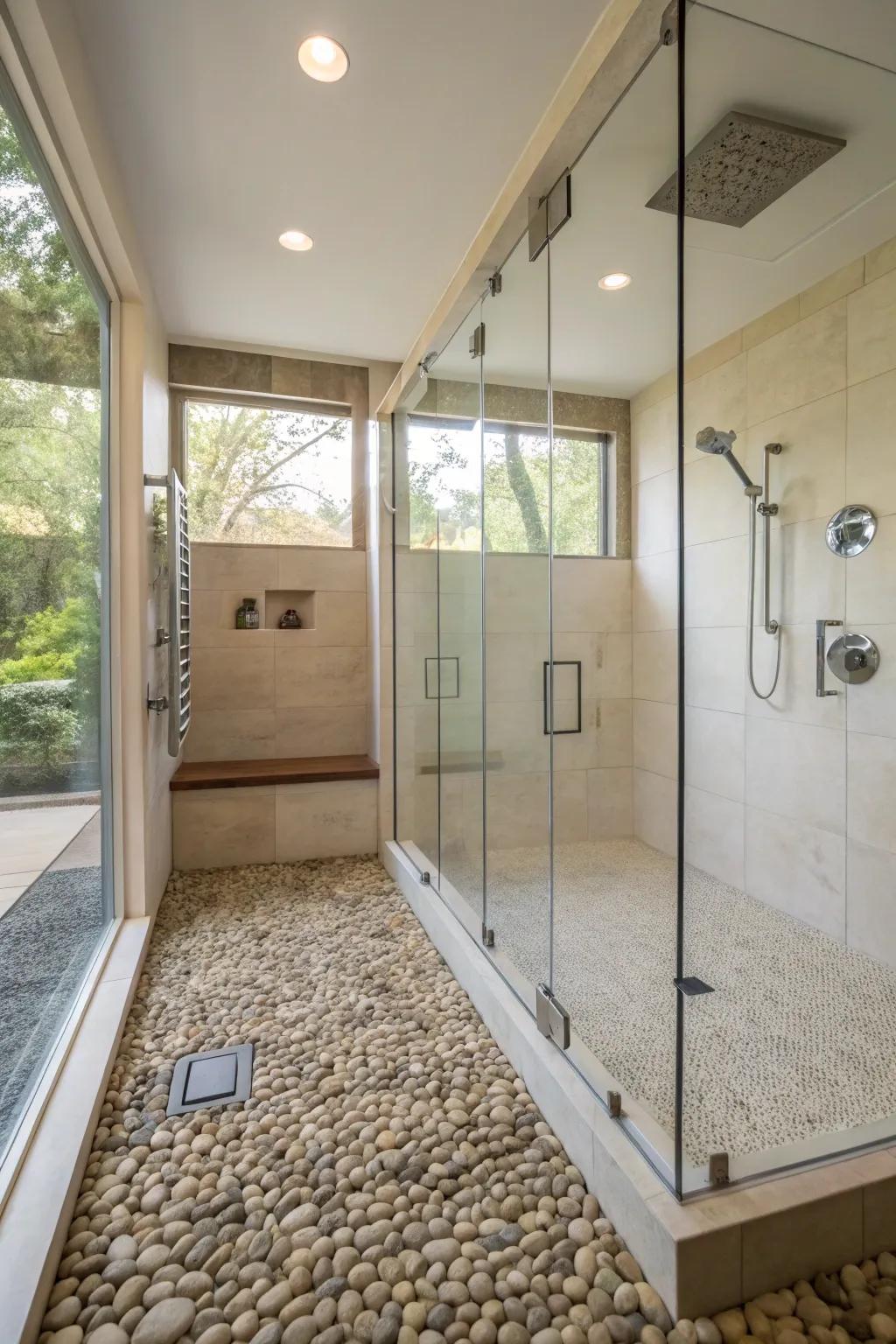 Stone tiles give a soothing, spa-like texture.