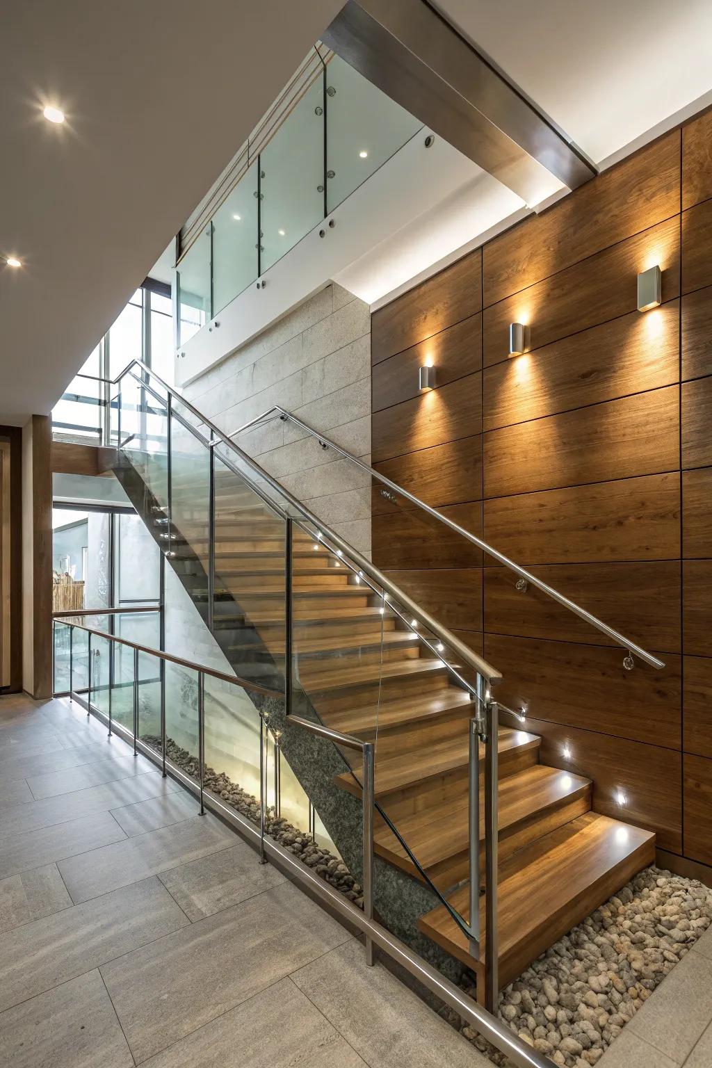 Different materials can give depth and difference to your staircase wall.