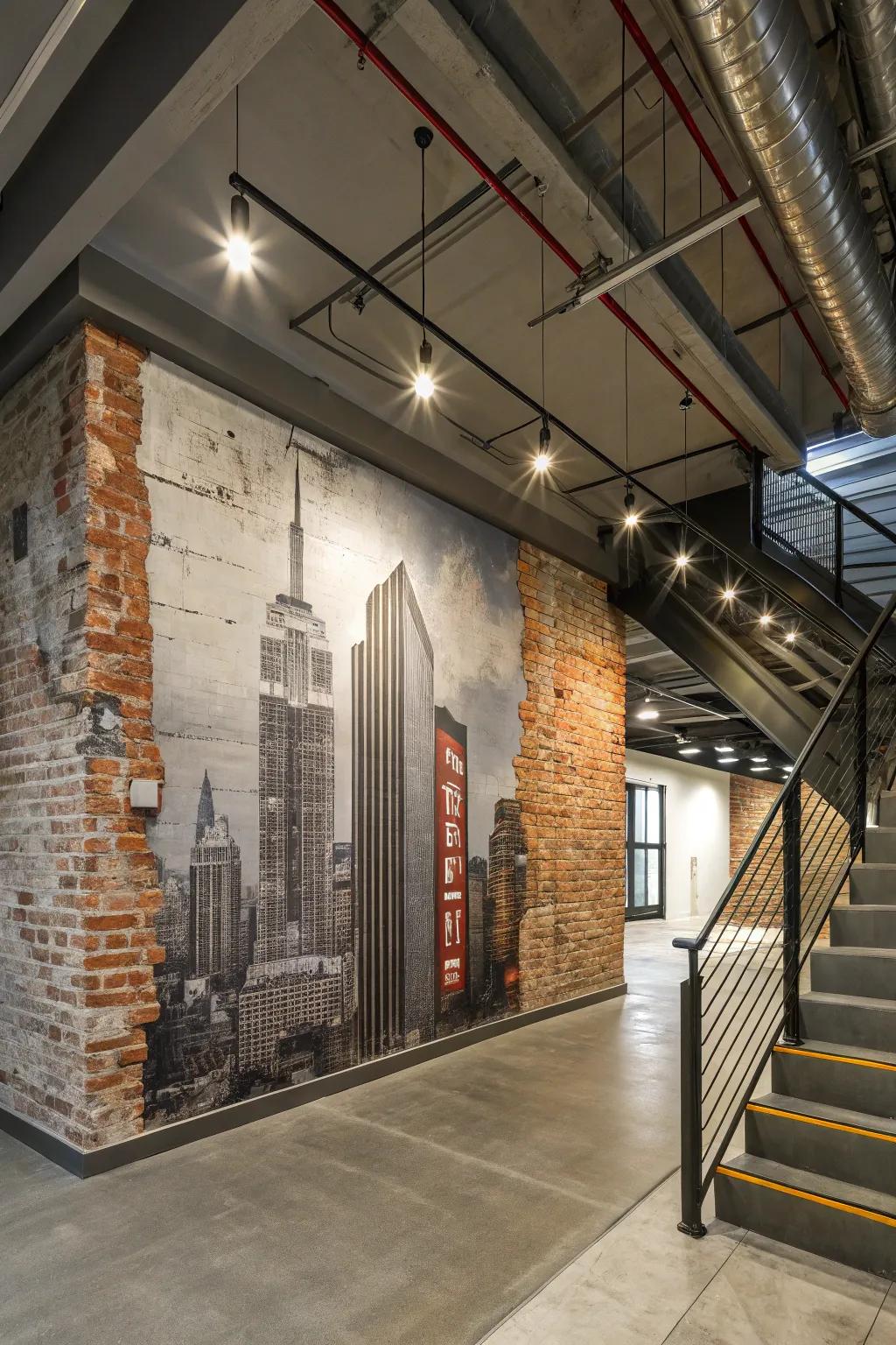 Reach an urban chic look with an industrial mural in your loft.