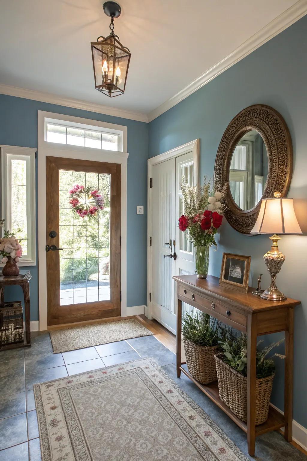 Establish a welcoming tone with an entryway adorned in gentle cerulean.
