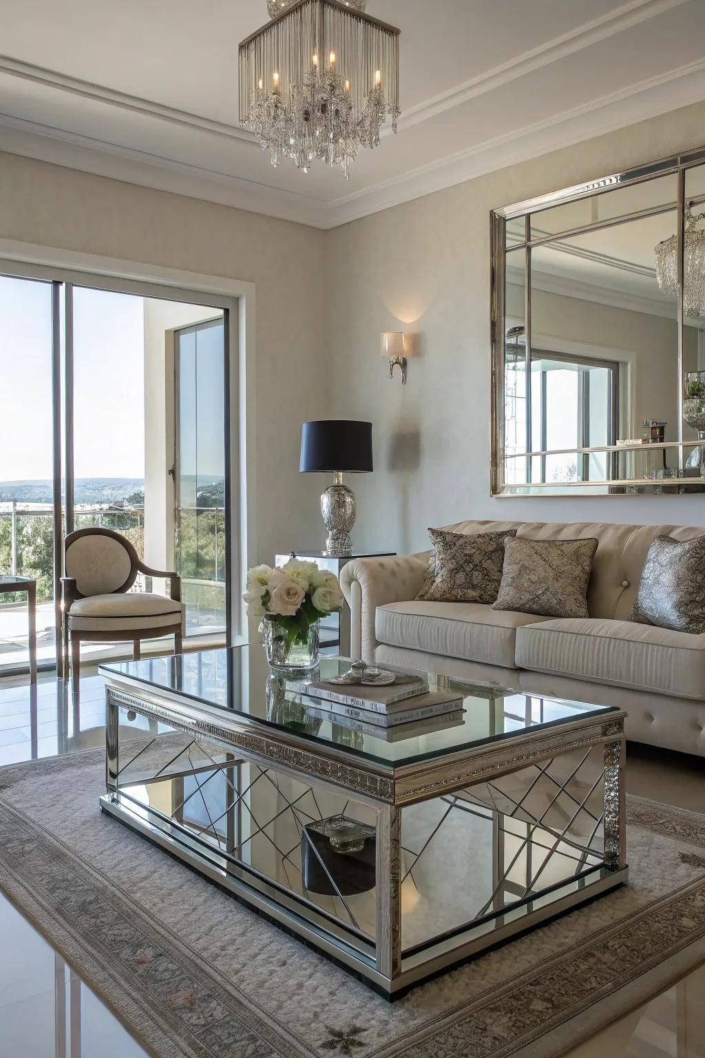 Surfaces that reflect light can make a living area feel larger and more illuminated.