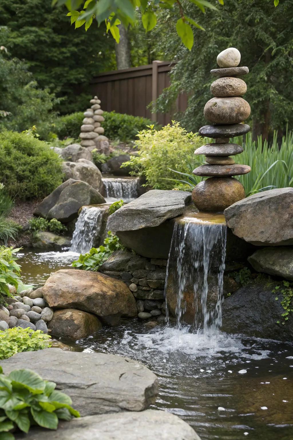 An intriguing garden water feature where rocks seem to float in mid-air.