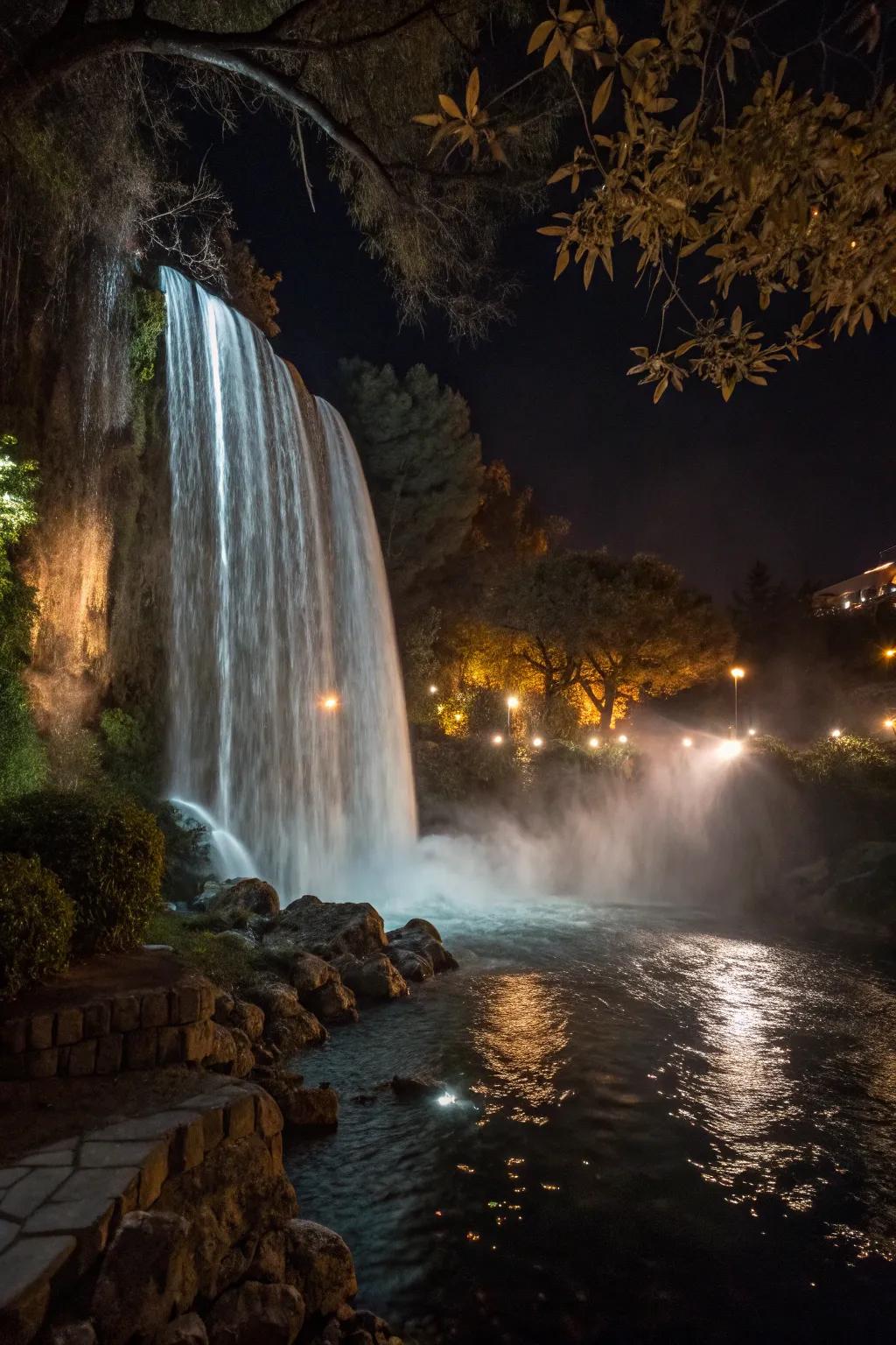 Submerged lighting transforms a waterfall into a nighttime spectacle.