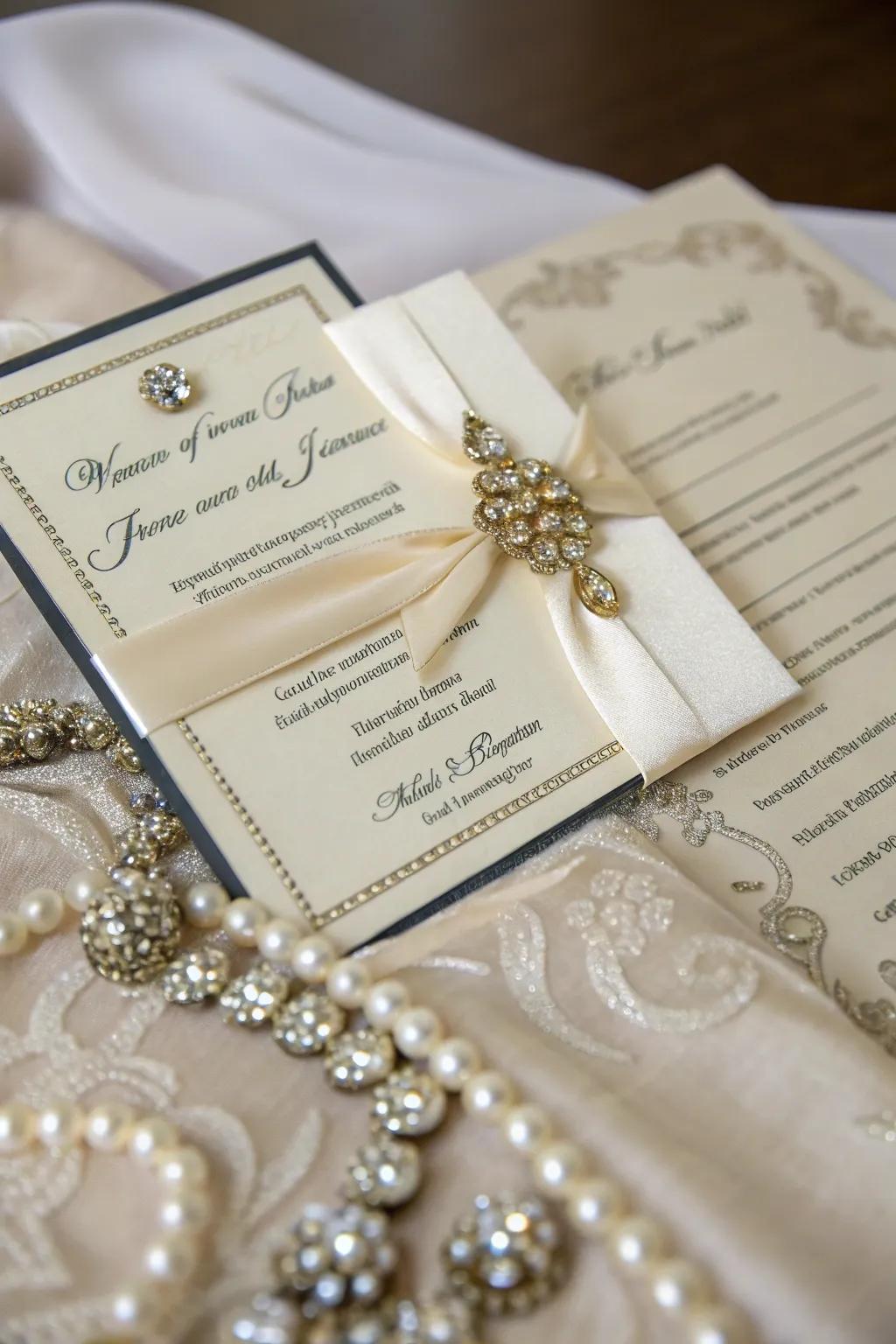 Beaded ribbon accents adding sparkle to a wedding invitation.