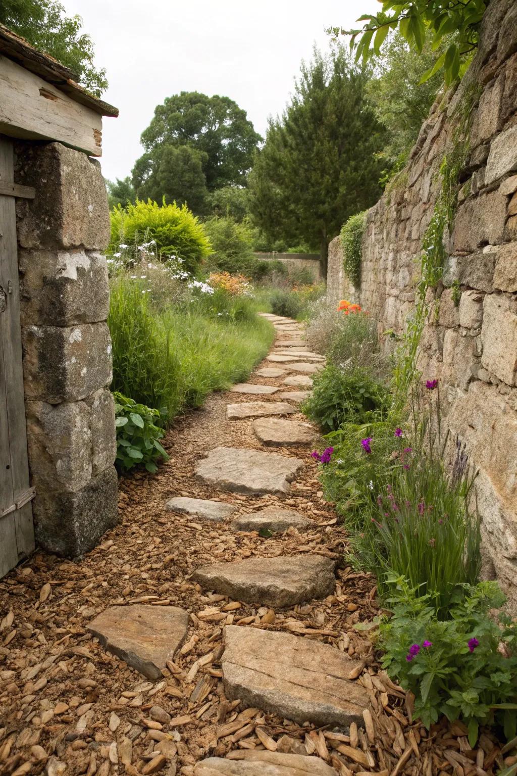 Wood pieces provide a rustic and natural touch to stone pathways.