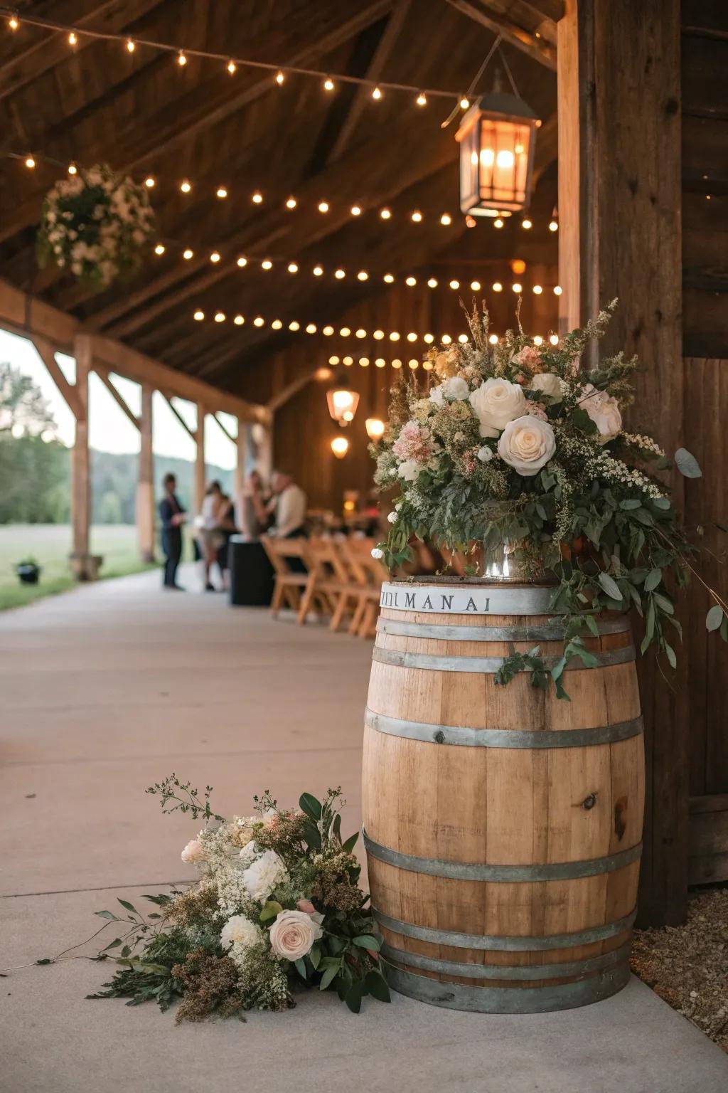 Rustic wedding décor featuring a repurposed cask and romantic gentle lights.