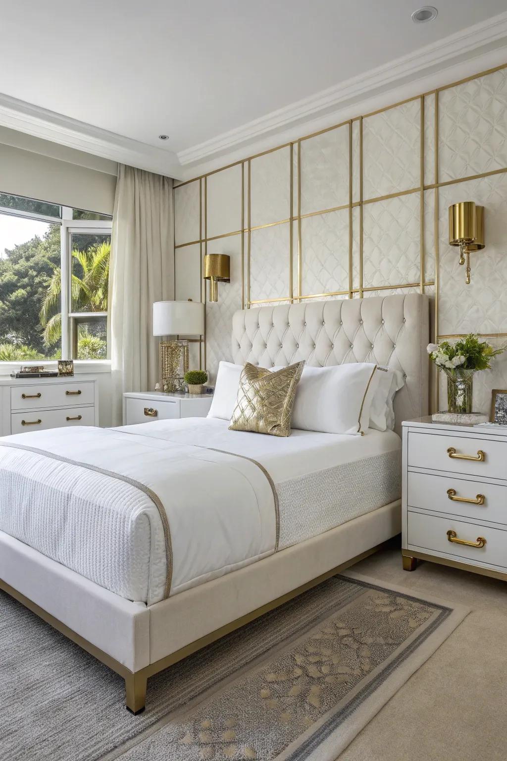 Metallic highlights contribute understated glamour to a white bedroom.