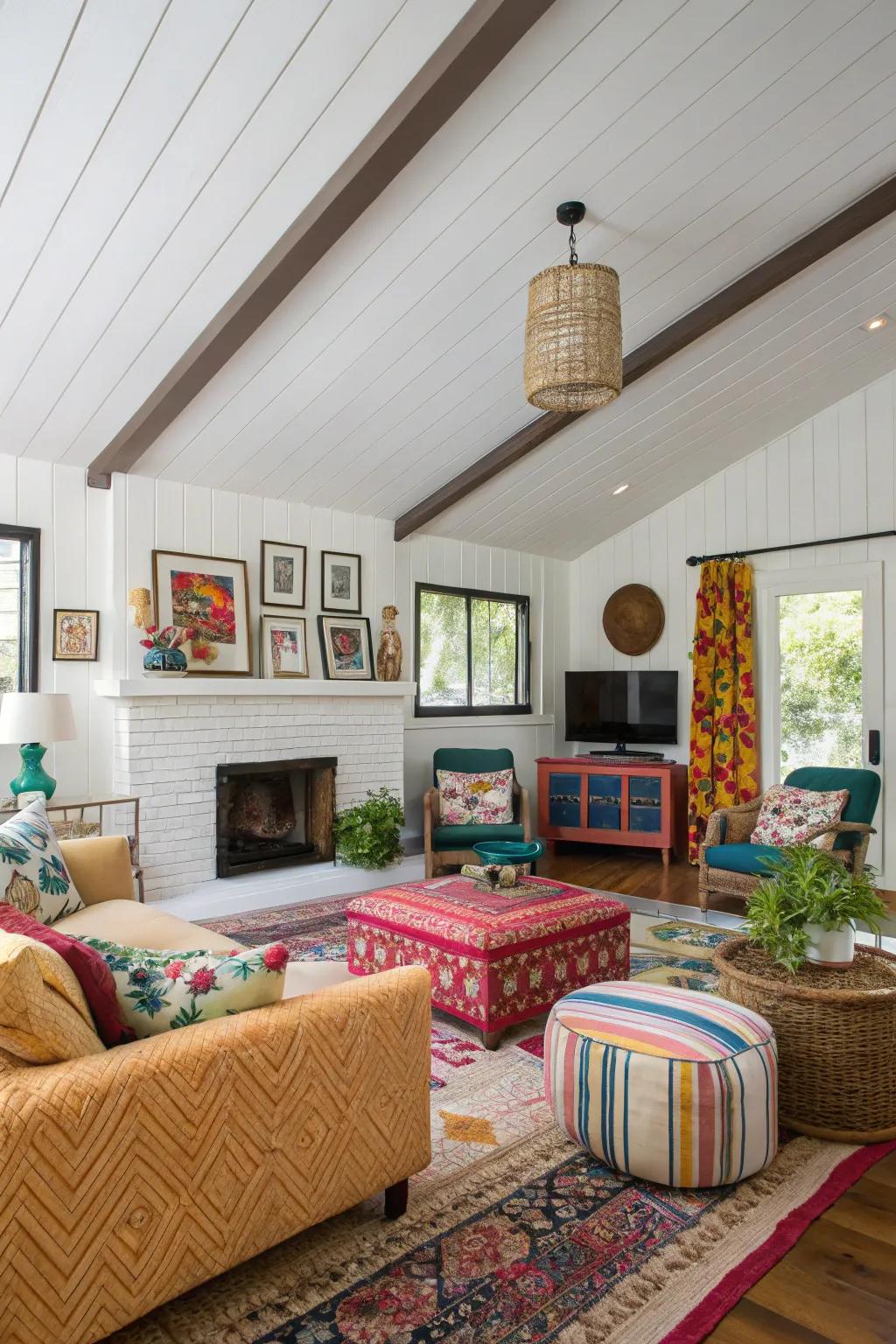 A living room with a white ceiling and contrasting trim, enhancing the room's character.