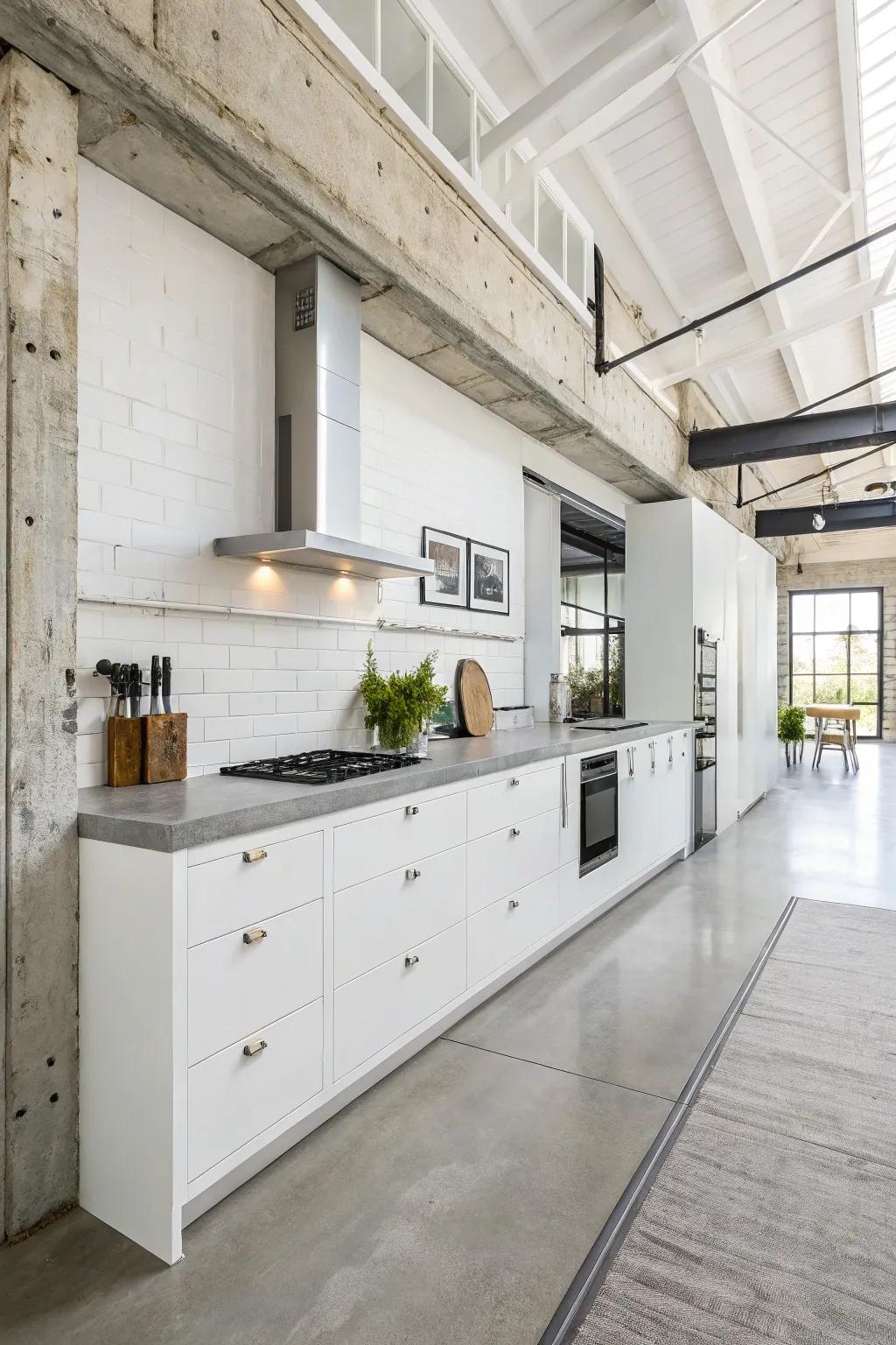 Uncommon raw materials like concrete add an industrial chic vibe to the white kitchen.
