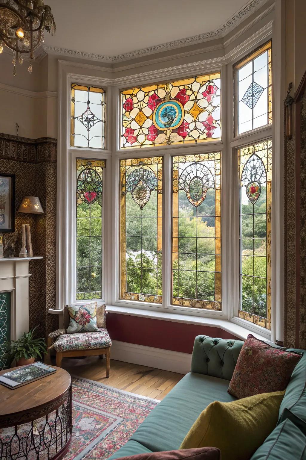 Ornamental glass adds artistic flair to bay windows.