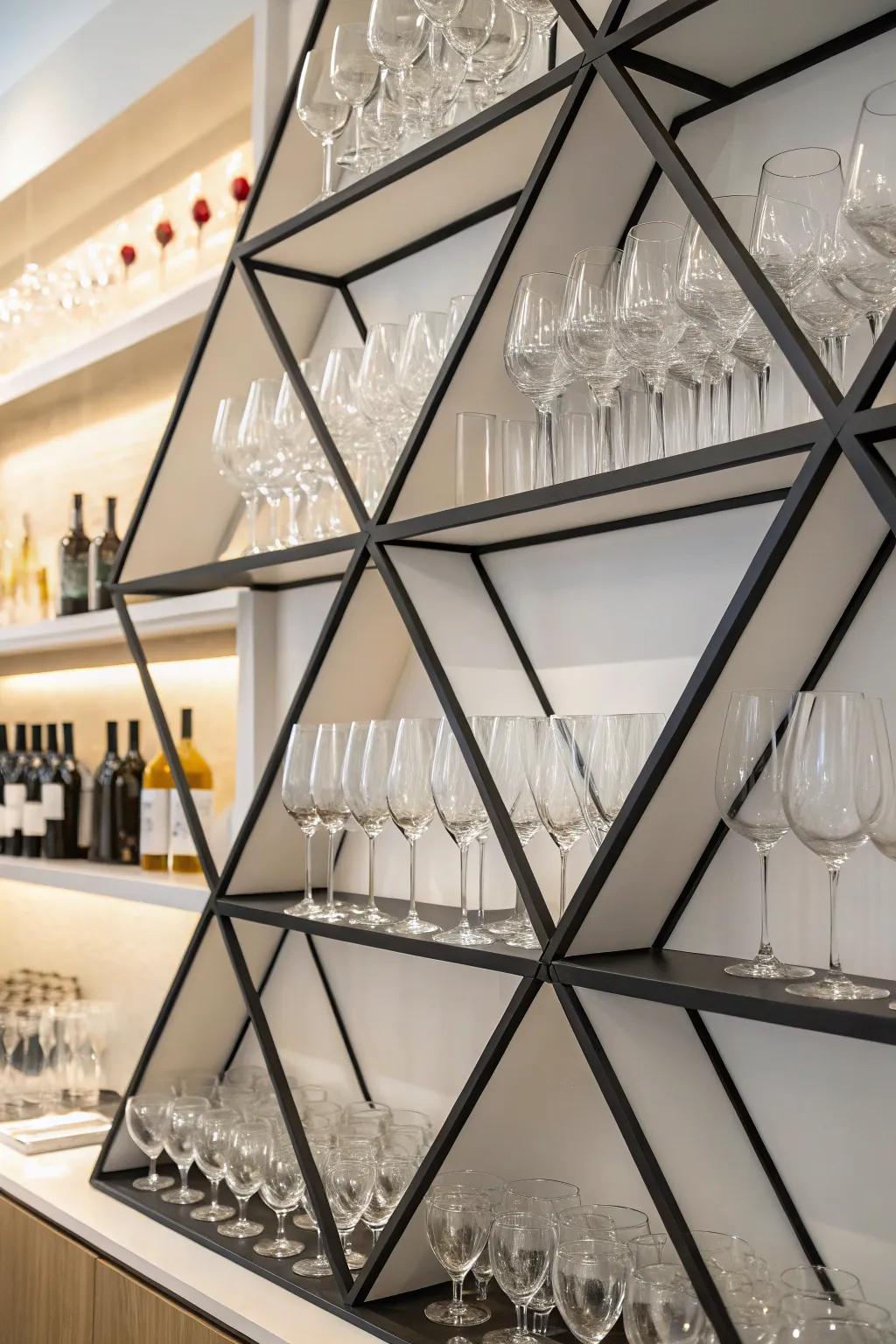 Geometric shelving for a dynamic wine glass display.