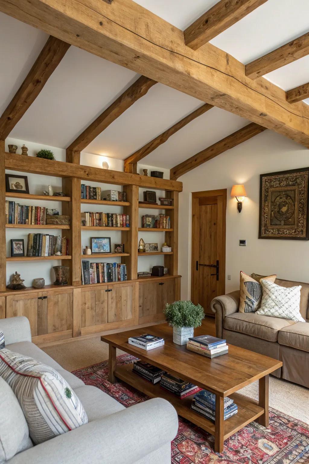 Practical and stylish beam shelving inside a family area.