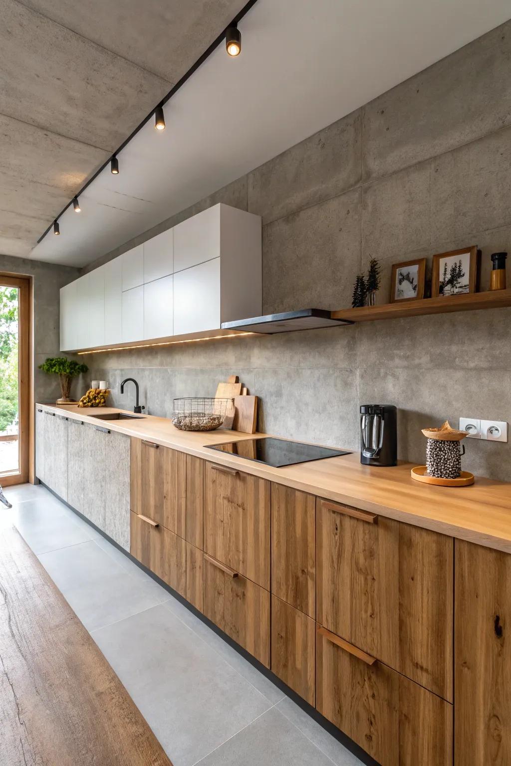 A modern contrast of timber and concrete in cooking area design.