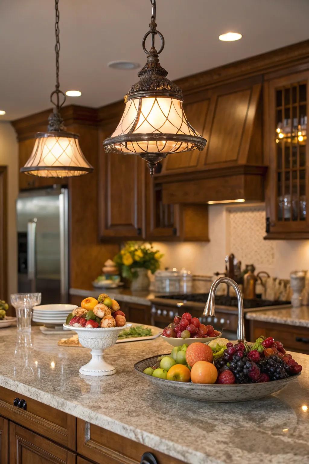 Striking pendant lights highlight the island's design and create a cozy ambiance.