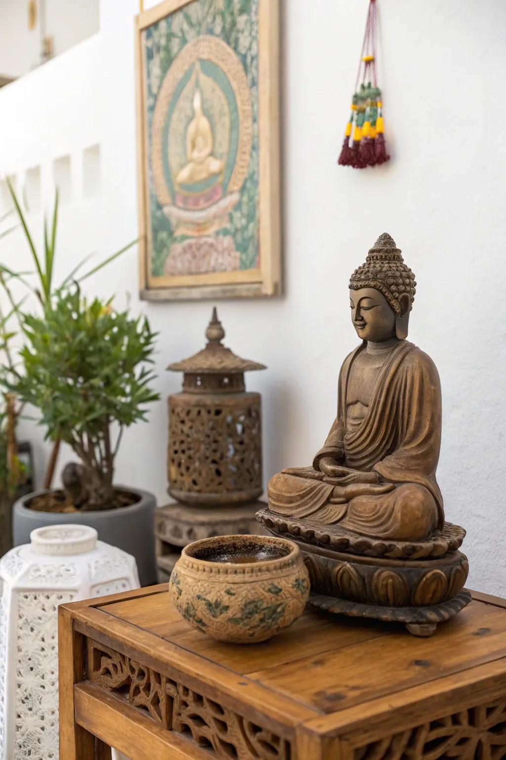 Cultural artifacts inject depth and resonance into the space.