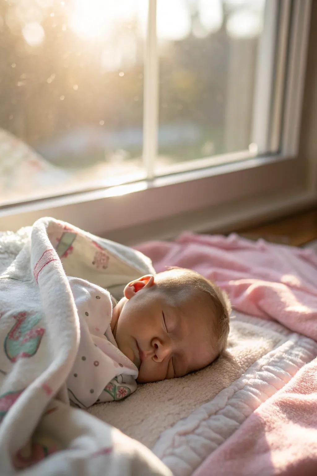 Natural light enhances the peacefulness of newborn photography.