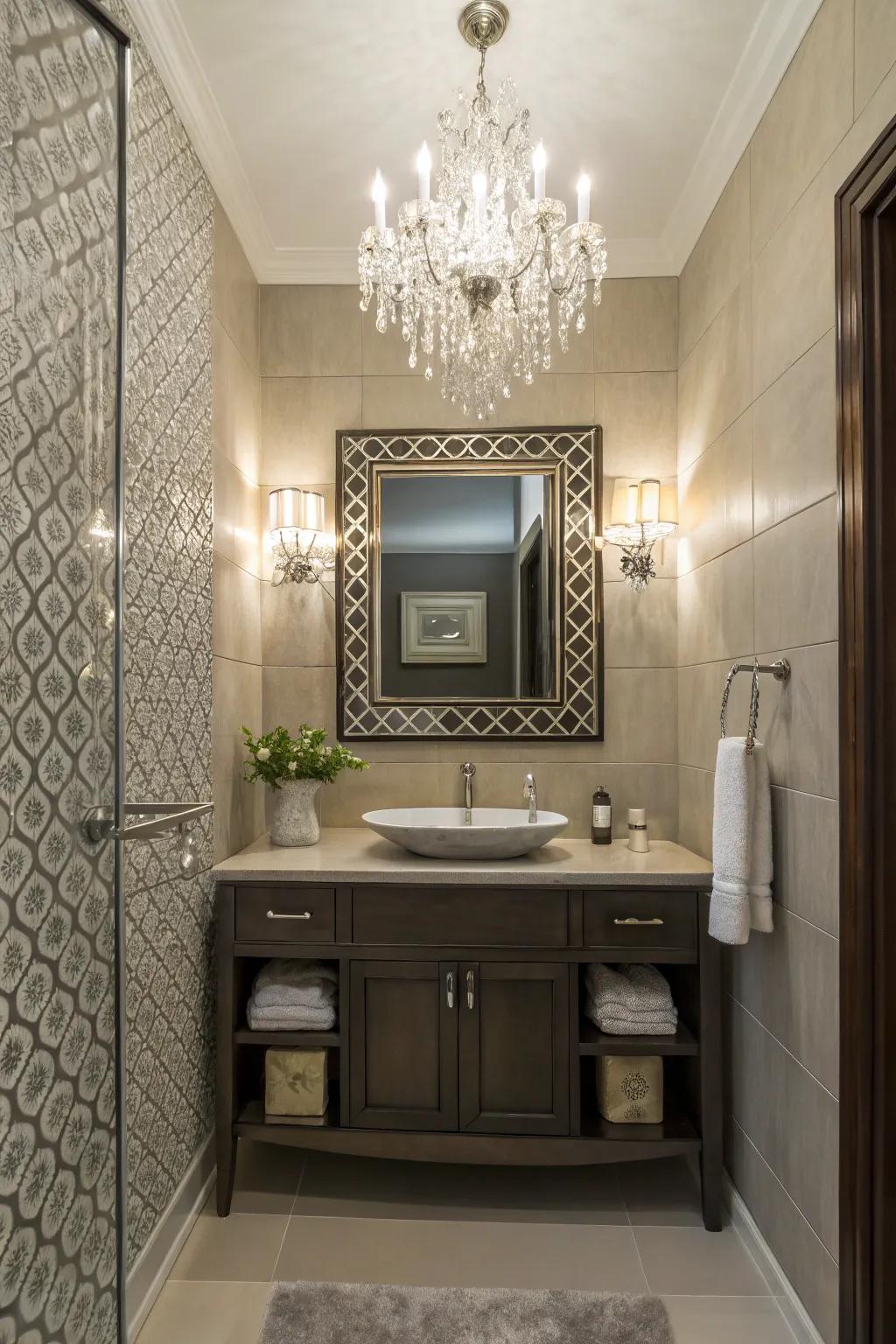 A petite chandelier imparts a hint of opulence to a powder room.