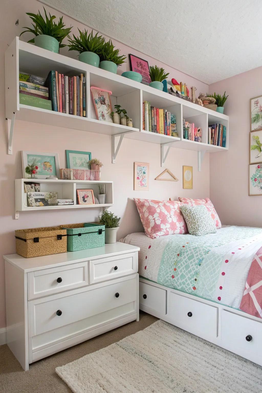 Smart storage solutions keep the bedroom organized and spacious.