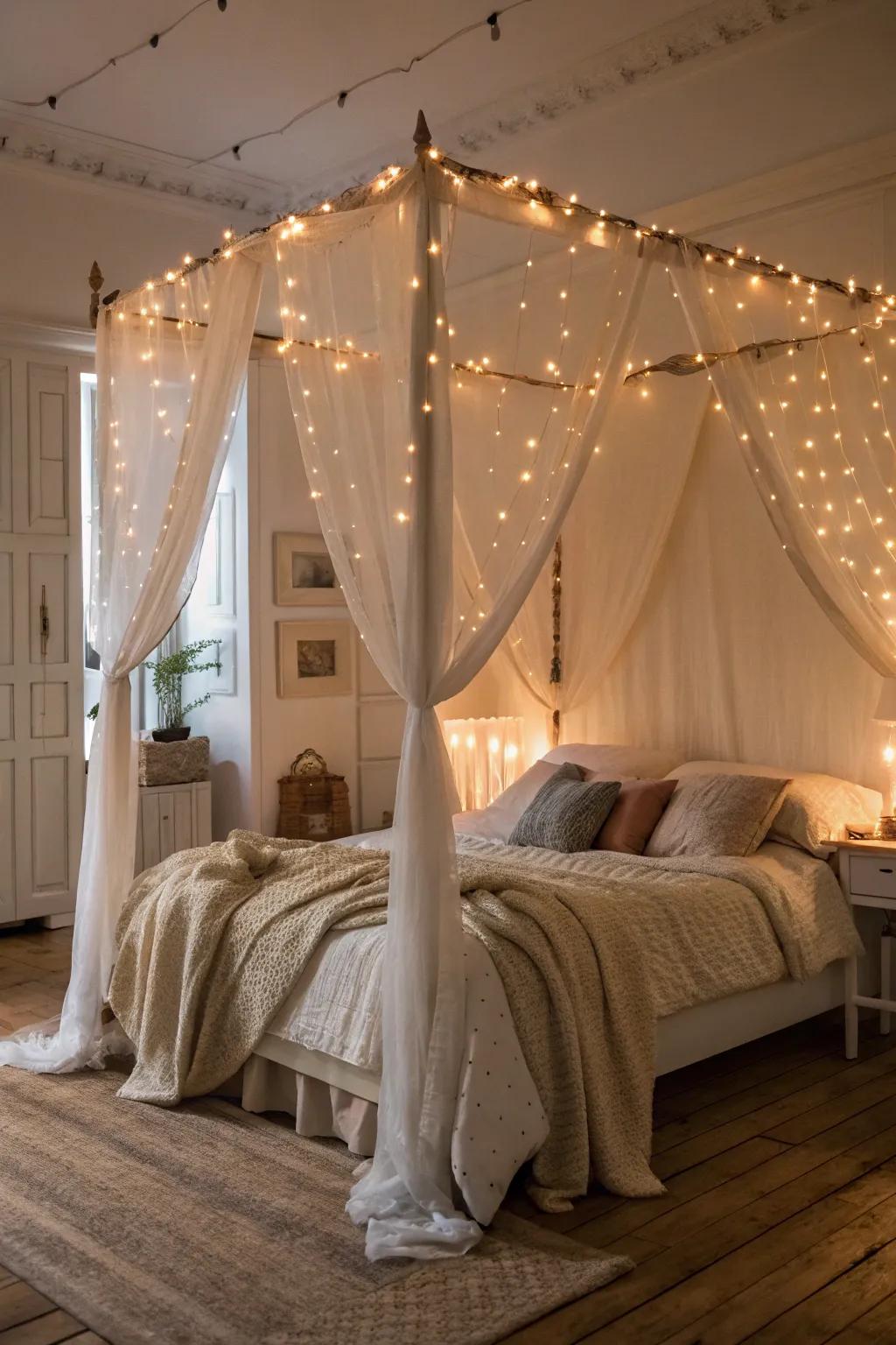 An enchanting canopy bed bedecked with shimmering fairy lights.