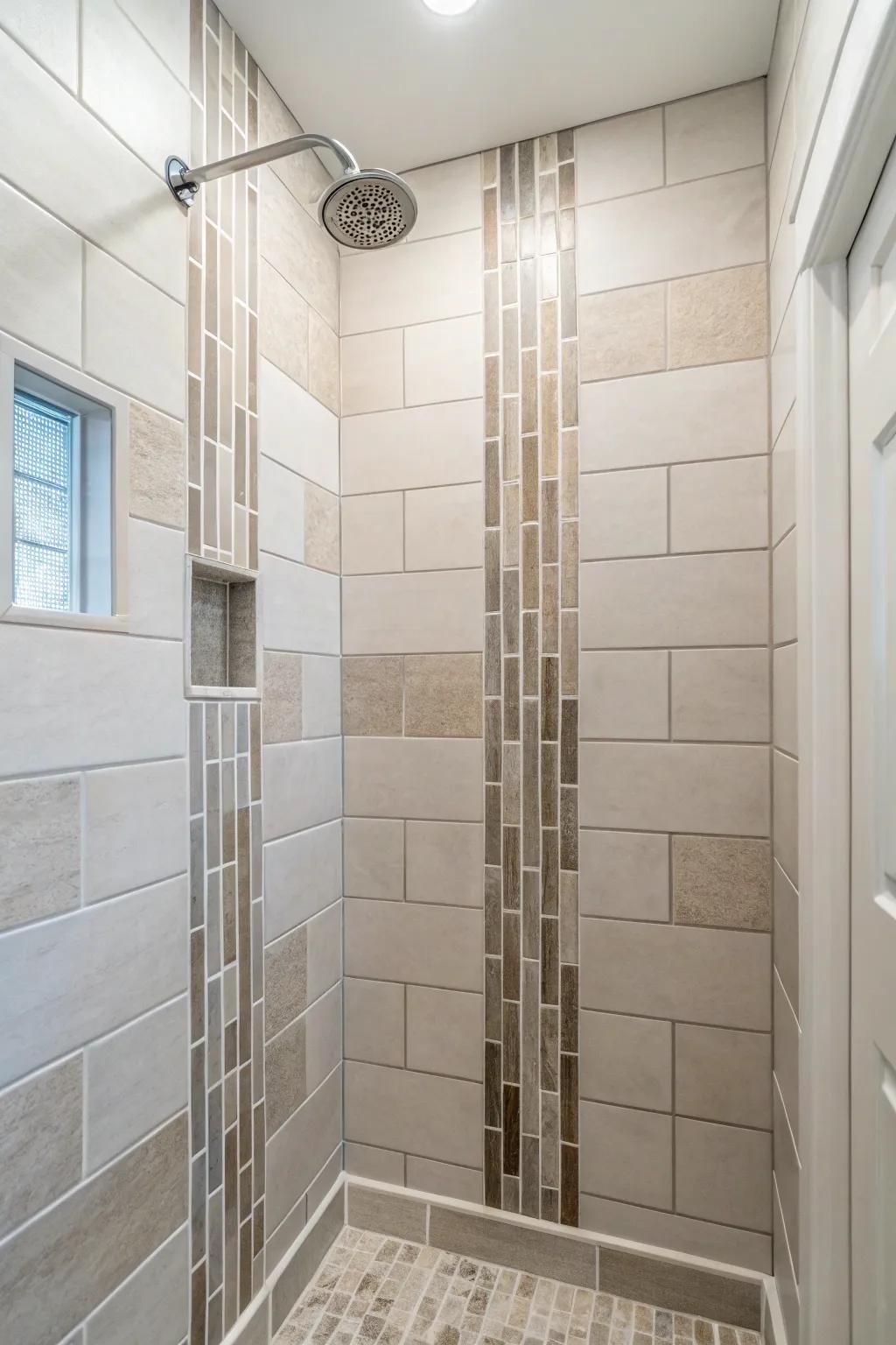 Vertical tiles bring height and style to a small shower space.