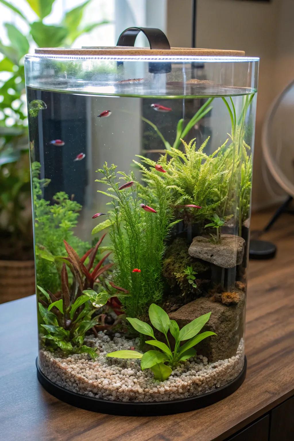 A water-filled sanctuary with bright water plants and fish.