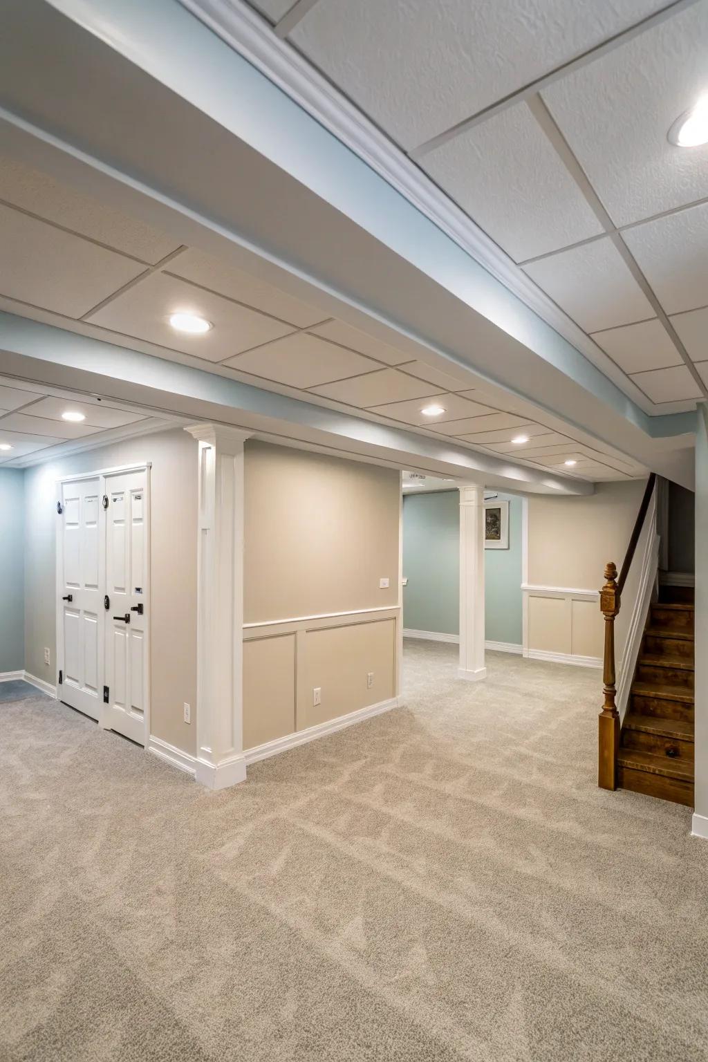 Pale colors can visually lift your basement ceiling.