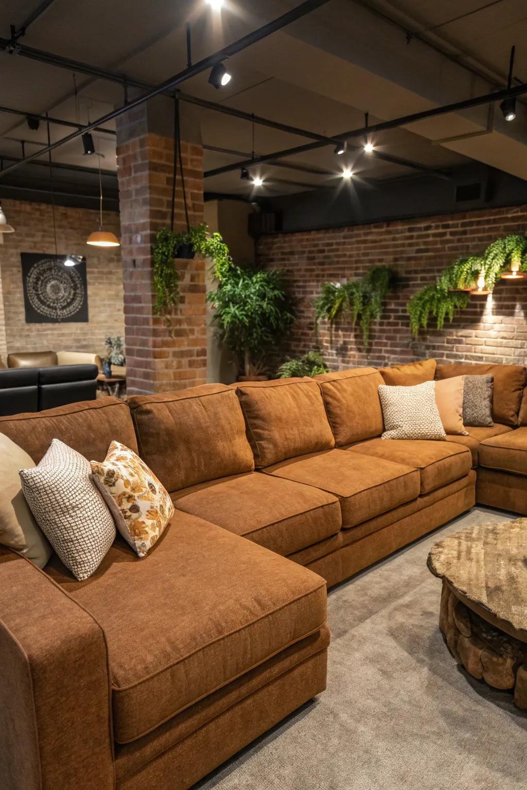 Organic colors fashion a hospitable 70s-style seating zone.