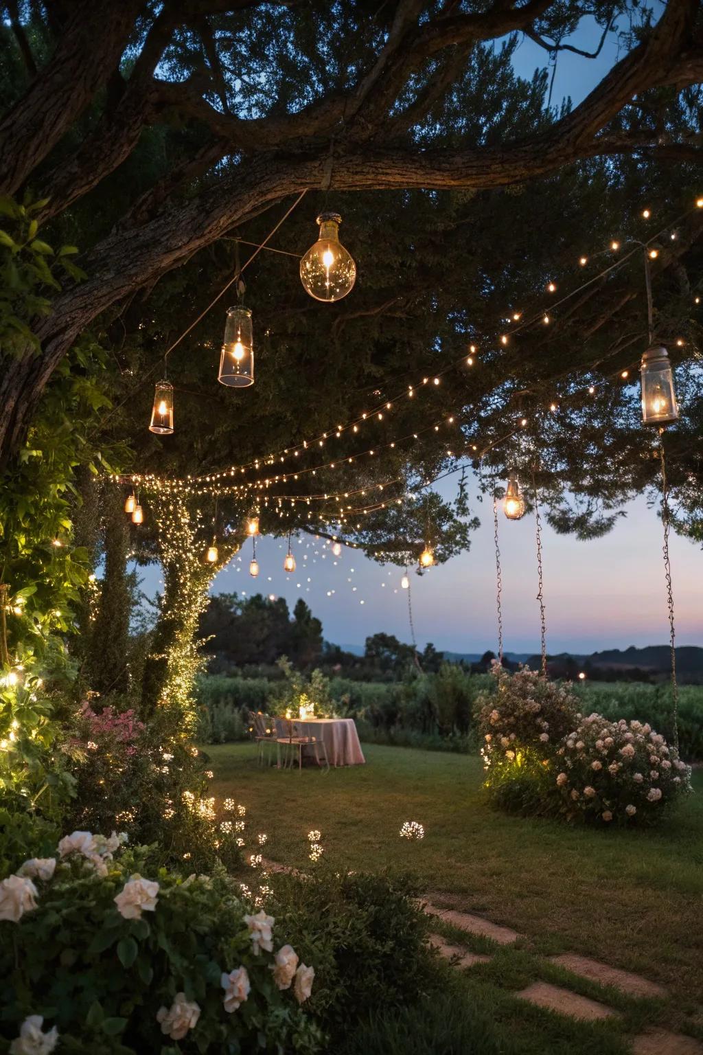 Magical string lights illuminating a garden party.
