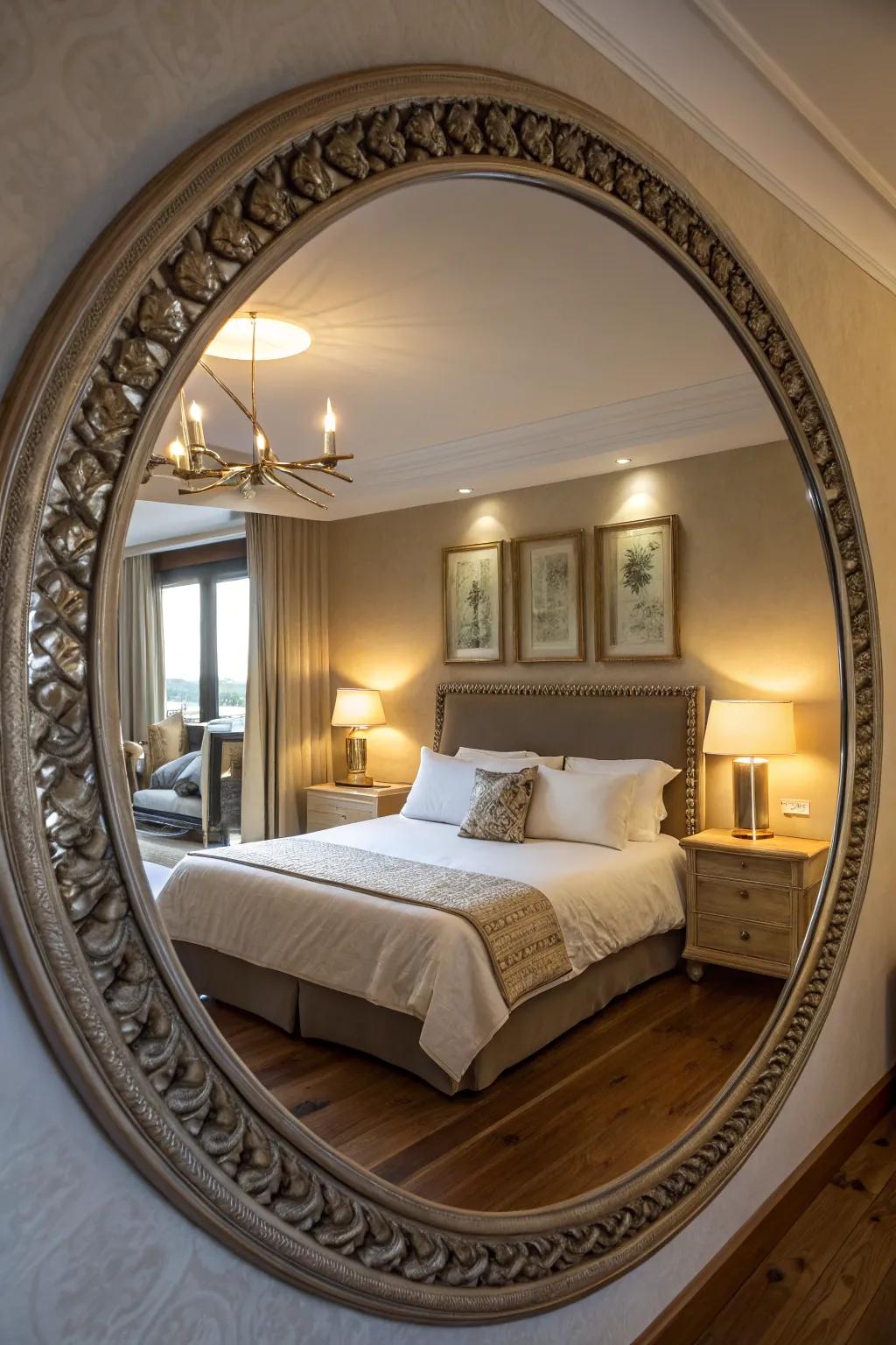 A chic round mirror enhances light and space above the bed.