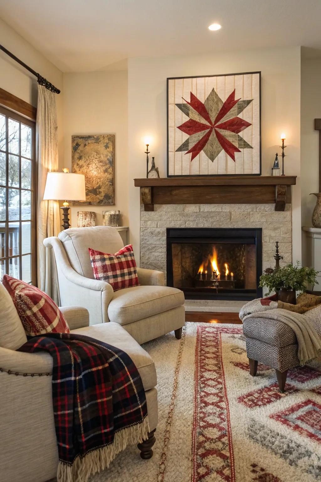 A statement art piece imparts character and panache above the fireplace.