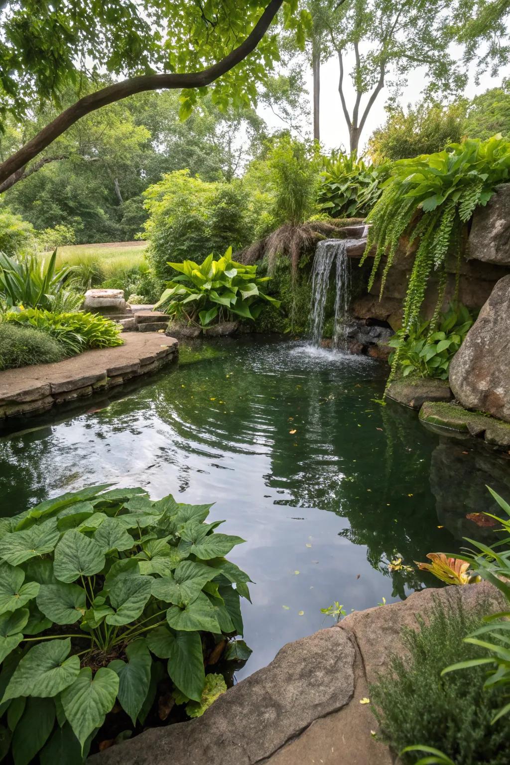 Thick greenery heightens the natural appeal of this above-ground pond featuring a cascade.