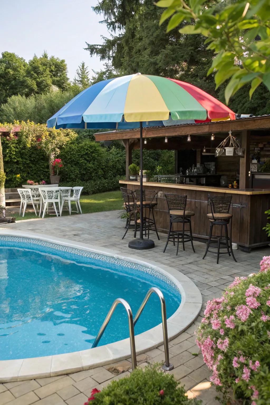 Incorporate vibrant shade into your pool bar with a fashionable umbrella.